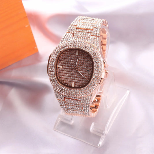 Luckacco Golden Quartet Quartz Watch Stylish Square Full Star Set Steel Band Calendar Men's Women's Wristwatch