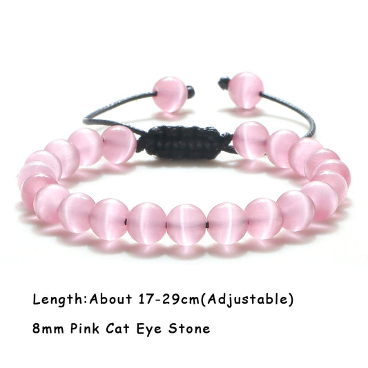Luckacco Natural Cat Eye Stone Bracelet & Bangle for Women Brief White Pink Opal Beads Yoga Balance Jewelry Lucky Wristband Handmade Gift