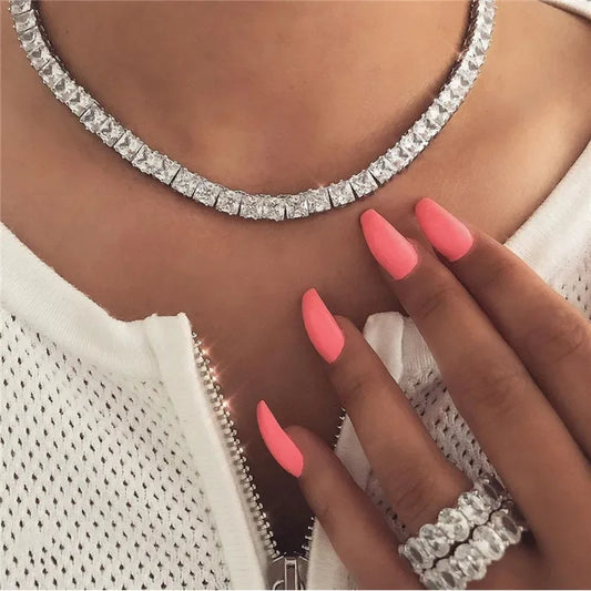 Luckacco 14K White Gold Trendy Chocker Necklace Princess Cut Lab Diamond Party Wedding Necklace for Women Men Charm Jewelry