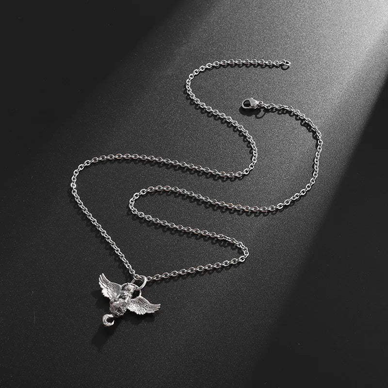 luckacco classic retro silver plated cute pet wing cat pendant necklace for men women fashion personalized clavicle chain jewelry gifts
