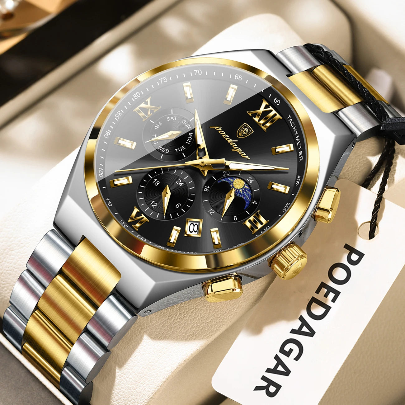luckacco poedagar luxury sport man wristwatch original luminous week date watch for men stainless steel men's quartz watches reloj hombre