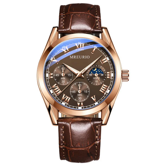 Luckacco Fashion Business Watches Fake Three-Eye Roman Numerals Dial Clock Leather Strap Quartz Watch for Men Wristwatch Часы Мужские
