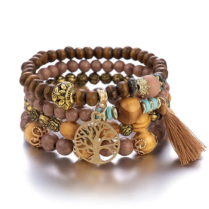Luckacco Boho Tree Of Life Bracelet Set For Women Fashion Tassels Charm Wooden Beads Elastic Chain Bangle Girl Trendy Party Jewelry