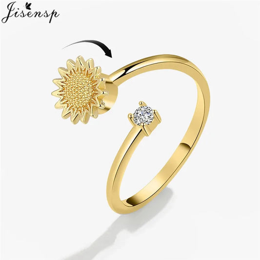 Luckacco Fashion Fidget Spinner Ring Anxiety for Women Multiple Crystal Sunflower Finger Rings Rotate Anti Stress Jewelry Wedding Gift