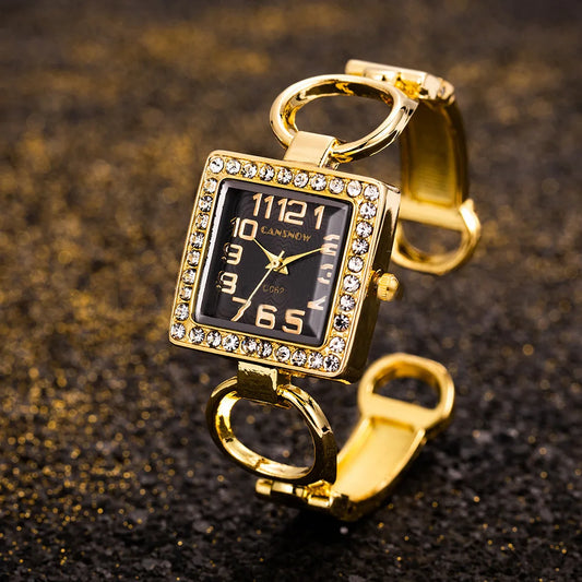 Luckacco UTHAI W85 Women's Watches Open Bracelet Watch Set Diamond Dial Square Girls' Watch Hollow out Female's Fashion Quartz Wristwatch