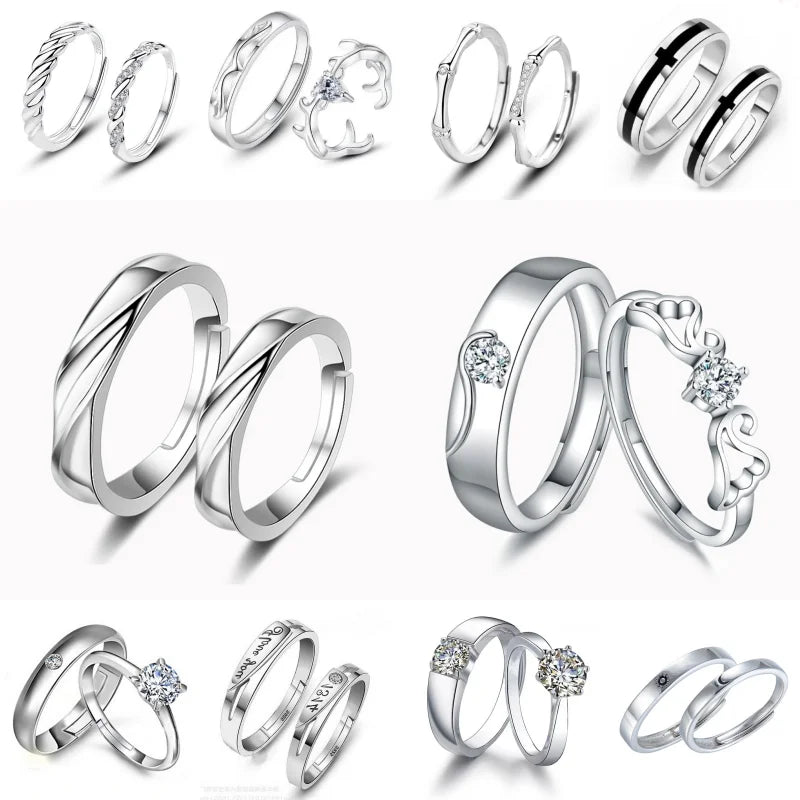 luckacco high-quality couple wedding ring for woman men 2pcs love heart zircon adjustable rings fashion stainless steel engaged jewelry