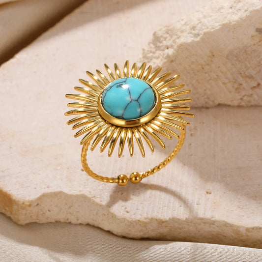 Luckacco Stainless Steel Rings Natural Stone Lucky Jewelry Round Sun Vintage Gold Color Ring For Women Anniversary Gift New Female Male