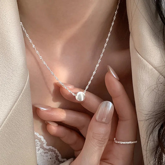Luckacco 925 Sterling Silver Geometric Shape Necklace Simple Charming Woman Round Bead Pendant Choker Birthday Gift Exquisite Jewelry