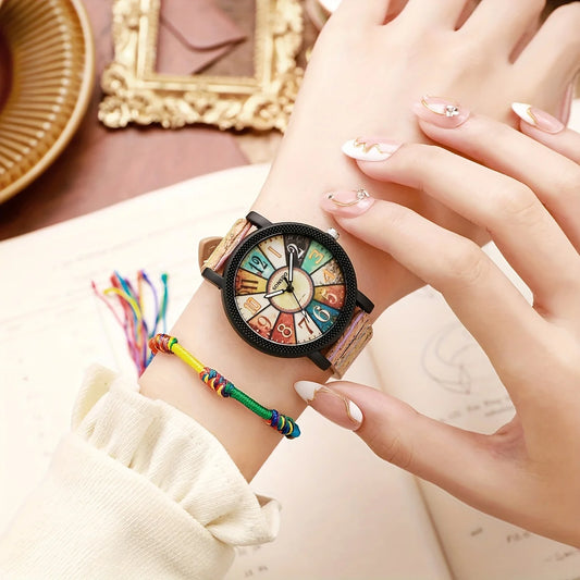 Luckacco 2PCS/Set Women's Watch Vintage Leather Band Analog Quartz Watch Rope Bracelet Set
