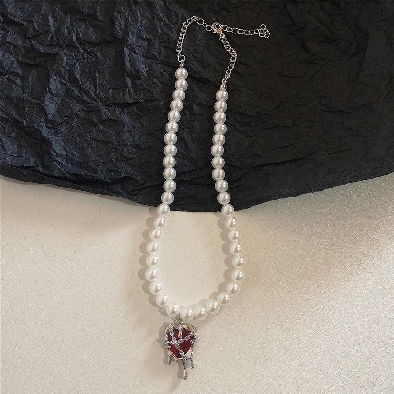 luckacco gothic vintage y2k red glass heart star cross pendant pearl bead necklace for women men aesthetic 90s grunge accessories jewelry