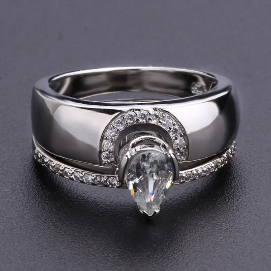 Luckacco Exquisite Women Silver Color Waterdrop Metal Inlaid White Round Zicron Stones Ring Set Wedding Engagement Rings Jewelry