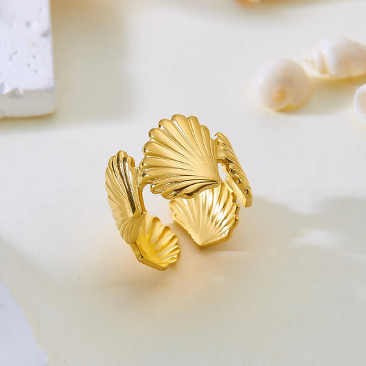 Luckacco Trendy Gold Color Stainless Steel Ring for Women Bohemian Shell Starfish Conch Flower Butterfly Heart Ring Party Jewelry Gift