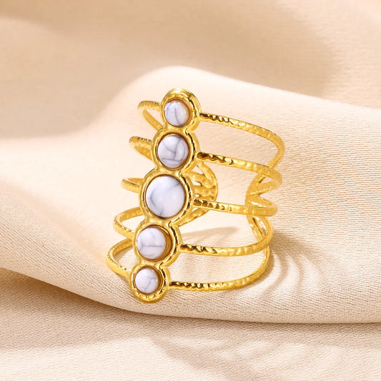 Luckacco Vintage Turquoise Wide Ring for Women Gold Color Stainless Steel Wheat Ear Adjustable Open Ring Fashion Party Jewelry Gift