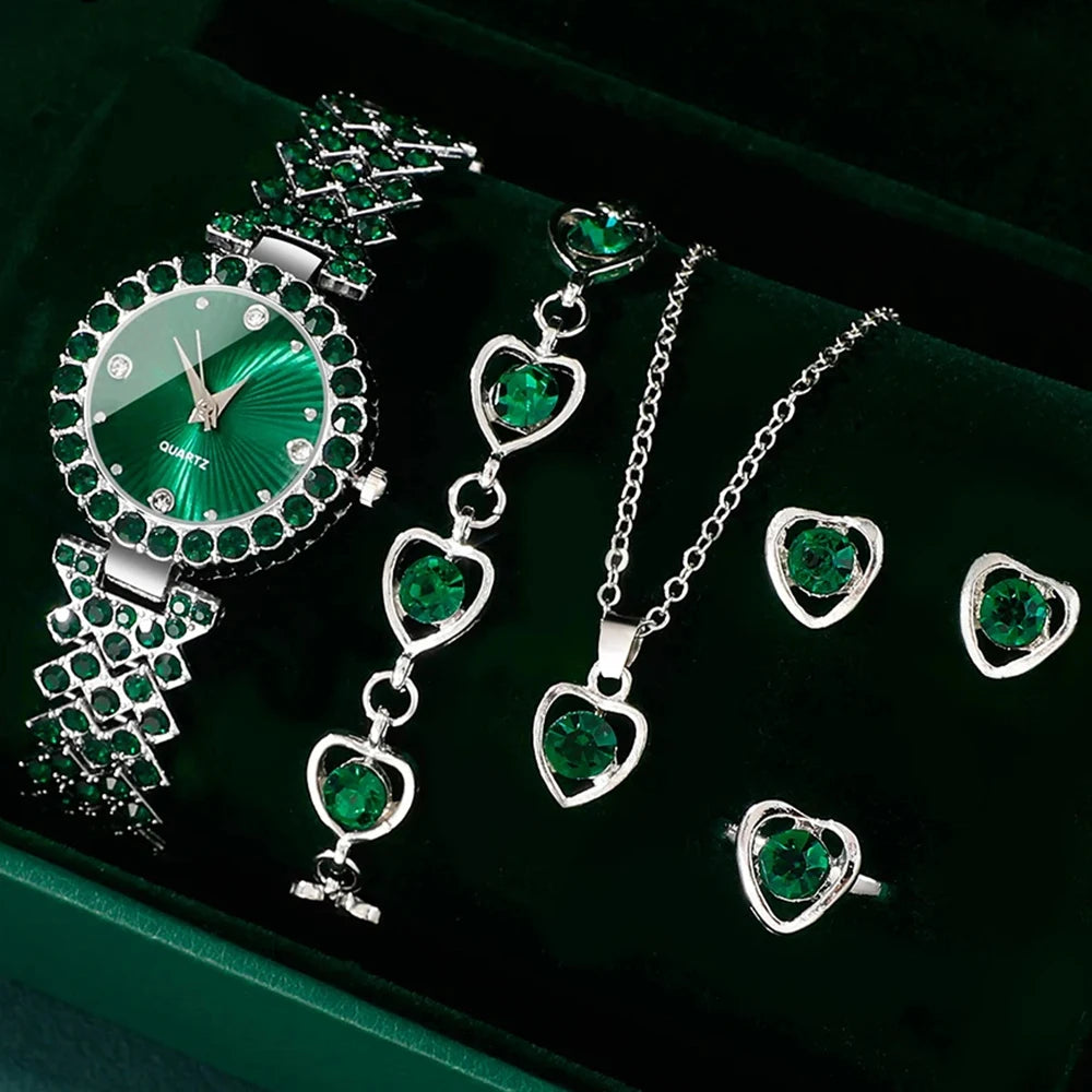 luckacco women fashion watches heart rhinestone ring necklace earring jewelry set luxury dress quartz wristwatch simple elegant watch gif