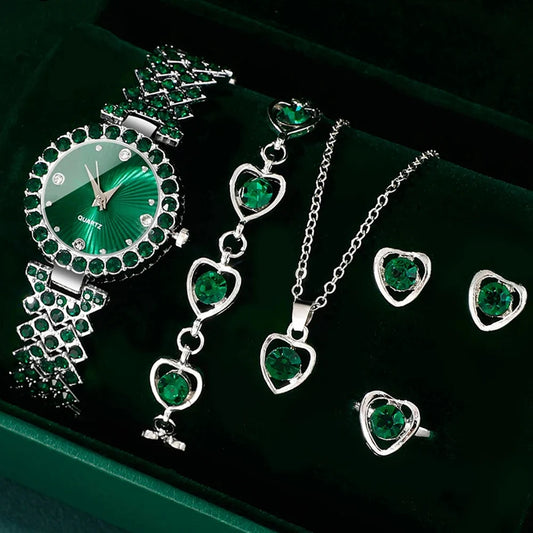 Luckacco Women Fashion Watches Heart Rhinestone Ring Necklace Earring Jewelry Set Luxury Dress Quartz WristWatch Simple Elegant Watch Gif