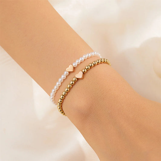 Luckacco Double Layer Minimalist Love Heart Gold Color Imitation Pearl Beaded Bracelets For Women Men Retro Cross Star Bangles Jewelry
