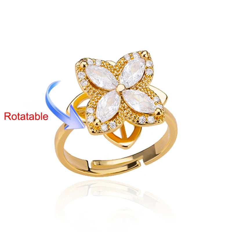 luckacco four clover rotating anxiety rings for women gold color adjustable stainless steel wedding ring aesthetic jewelry gift anillos