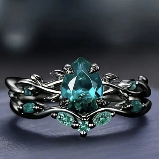 Luckacco Luxury Black Color Inlaid with Green Stone Rings Set Round Flower Fashion Party Engagement Wedding Rings for Women Jewelry
