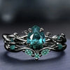 Luckacco Luxury Black Color Inlaid with Green Stone Rings Set Round Flower Fashion Party Engagement Wedding Rings for Women Jewelry