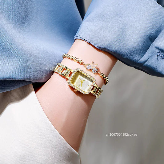 Luckacco Luxury Ladies Brand Watches Fashion Dresses Square Crystal Minimalist Design Women Quartz Watch Stainless Steel Skeleton Clock