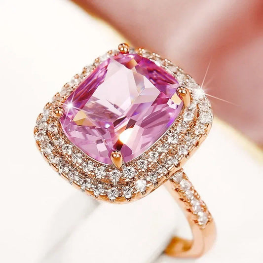 Luckacco Style Pink Sparkling Zircon Princess Square Engagement Ring for Ladies and Girlfriends Luxury Proposal  Gift Fashion Jewelry
