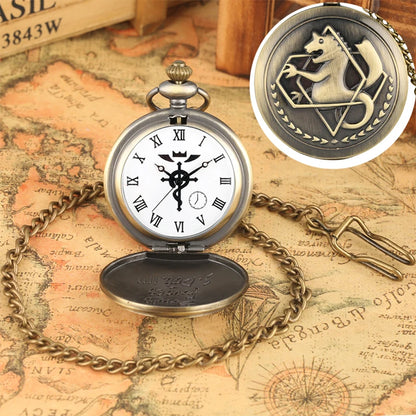Luckacco Antique Fullmetal Alchemist Quartz Anime Pocket Watch Cosplay Edward Elric Clock Design Pendant Necklace Chain Vintage Chain