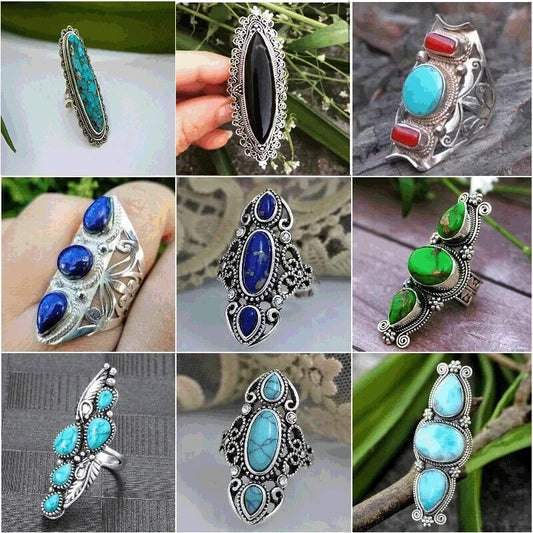 Luckacco Bohemian Ethnic Style Faux Turquoise Ring Series Large Rings for Women Personalized Vacation Party Vintage Jewelry Accessories