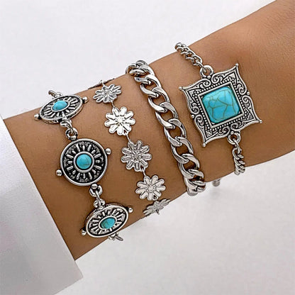 Luckacco KMVEXO 5Pcs/Set Vintage Bohemian Turquoise Inlaid Bracelets Women Ethnic Style Flower Feather Cuff Bracelet Bangles Boho Jewelry