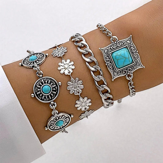 Luckacco KMVEXO 5Pcs/Set Vintage Bohemian Turquoise Inlaid Bracelets Women Ethnic Style Flower Feather Cuff Bracelet Bangles Boho Jewelry