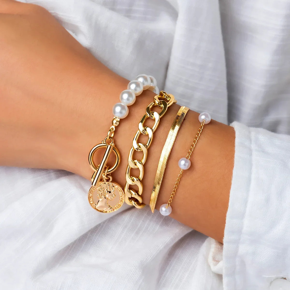 luckacco 4pcs set imitation pearl chain beaded bracelet for women new temperament gold color stainless steel bangle jewelry accessories