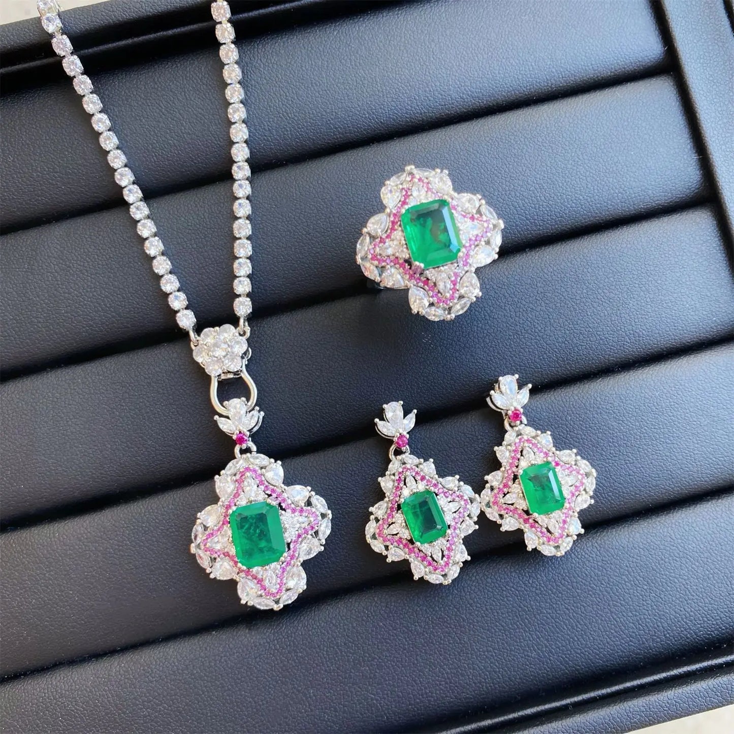 luckacco valuable lab jade diamond jewelry set 925 sterling silver engagement wedding rings earrings necklace for women bridal party gift