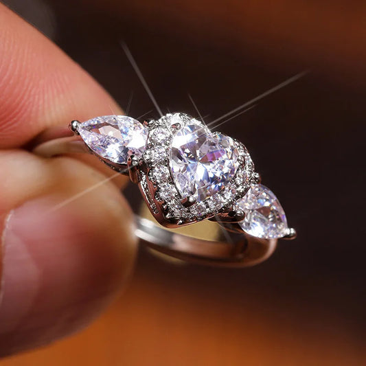 Luckacco Romantic Pink Heart shaped Ring for Female Cubic Zirconia Bridal Wedding Party  with Minimalist Fashion Jewelry Accessories