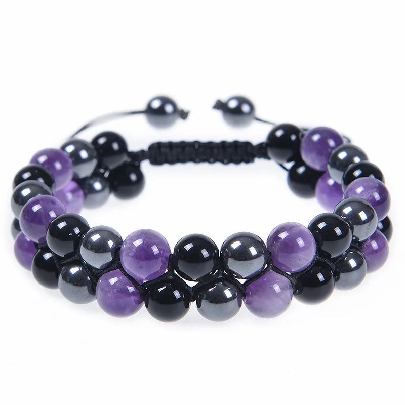 luckacco 8mm natural tiger eye stone adjustable bracelet double layer hand woven  row strand beaded bangles couple party jewelry