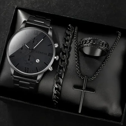 Luckacco 4Pcs/set Luxury Men Business Quartz Watch stainless steel Roman Calendar Wrist Watch Cross Necklace Bracelet Ring Set Men's Gift