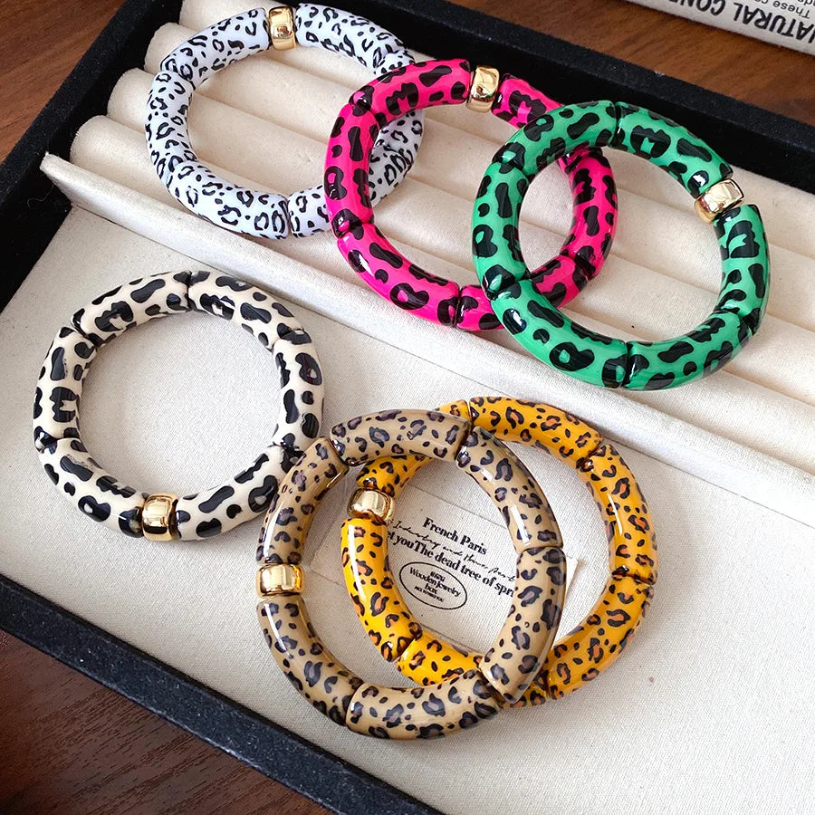 luckacco splicing bamboo tube acrylic smudging bangles for women men fashion geometric elastic bracelets bangles jewelry couple gifts f