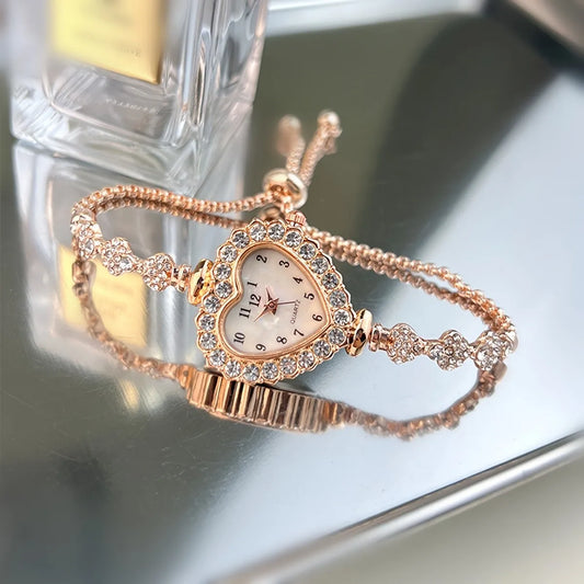 Luckacco Women's Heart Rhinestone Watch with Sparkling Dial & Golden-Tone Alloy Band - Compact Quartz Wristwatch for Everyday Elegance
