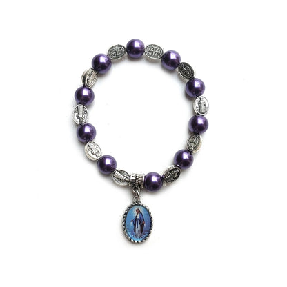 Luckacco Holy Father Mother Pendant Glass Pearl Beads Strand Elastic Bracelet For Men Women Religious Jewelry