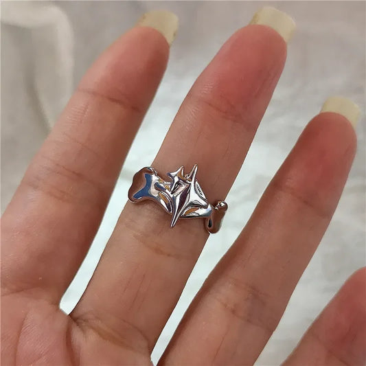 Luckacco Kpop Goth Punk Vintage Aesthetic Geometric Irregular Star Silver Color Ring For Women Egirl Grunge Y2K EMO Jewelry Accessories