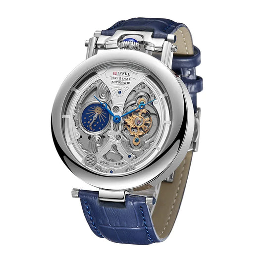 Luckacco DIFFUL Luxury Big Skeleton Dial Mens Watch Moon Phase Tourbillon Leather Men Automatic Watches