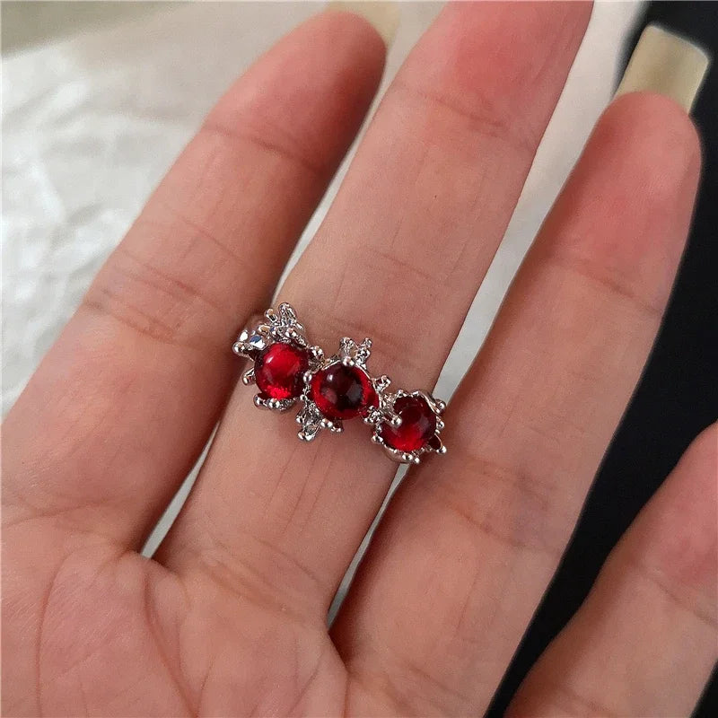 luckacco goth punk retro red crystal love heart cross geometry irregular open ring set y2k halloween accessories for women kpop jewelry
