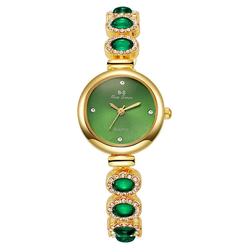 luckacco famous brand women's quartz watches luxury green gemstone bracelet watch gift female wristwatch  relojes para mujer