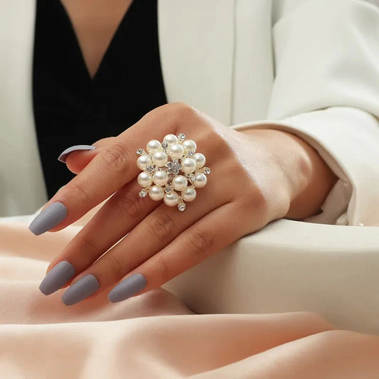 Luckacco Europe and America Popular Jewelry Popular Fashion Index Finger Ring Opening Adjustable Pearl Ring
