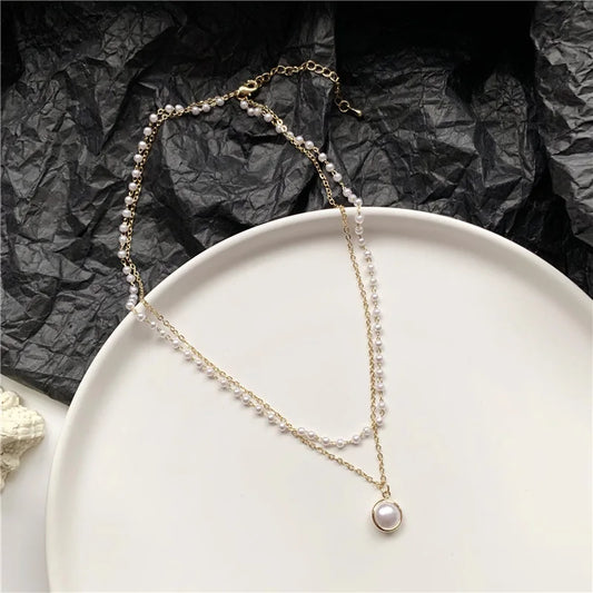 Luckacco Korean Elegant Pearl Beads Necklace for Women Fashion Rhinestone Shell Heart Pendant Necklace Girl Charms Vintage Choker Jewelry