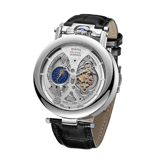 Luckacco DIFFUL Luxury Big Skeleton Dial Mens Watch Moon Phase Tourbillon Leather Men Automatic Watches