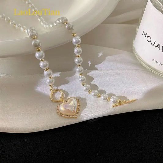 Luckacco Korean Elegant Pearl Beads Necklace for Women Fashion Rhinestone Shell Heart Pendant Necklace Girl Charms Vintage Choker Jewelry