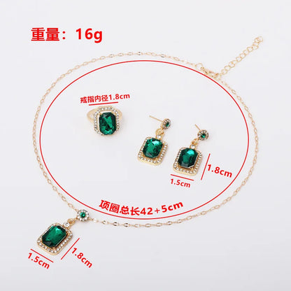 Luckacco Vintage Emerald Sets Unique Design Light Luxury Temperament Earrings  Pendant Necklace Rings Three-Piece Sets Trend Jewerly Set