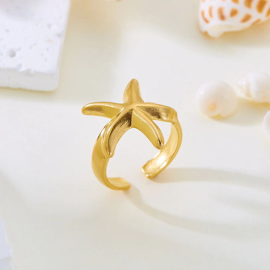 Luckacco Trendy Gold Color Stainless Steel Ring for Women Bohemian Shell Starfish Conch Flower Butterfly Heart Ring Party Jewelry Gift
