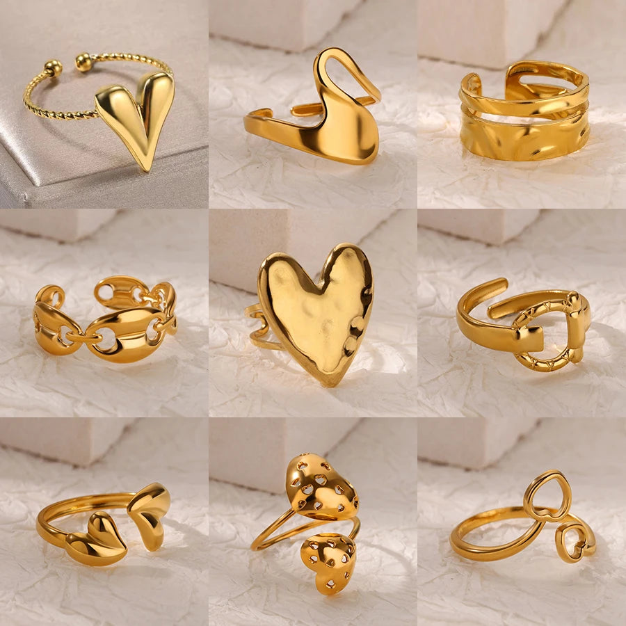 luckacco double heart rings for women gold color stainless steel open adjustable ring female fashion party wedding aesthetic jewelry gift