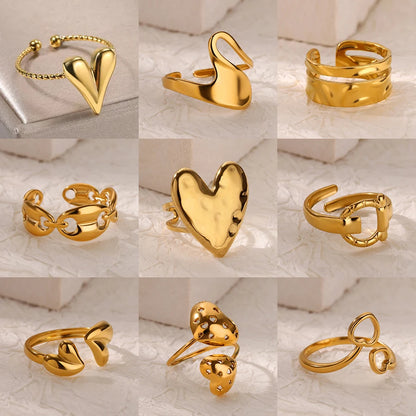 Luckacco Double Heart Rings For Women Gold Color Stainless Steel Open Adjustable Ring Female Fashion Party Wedding Aesthetic Jewelry Gift
