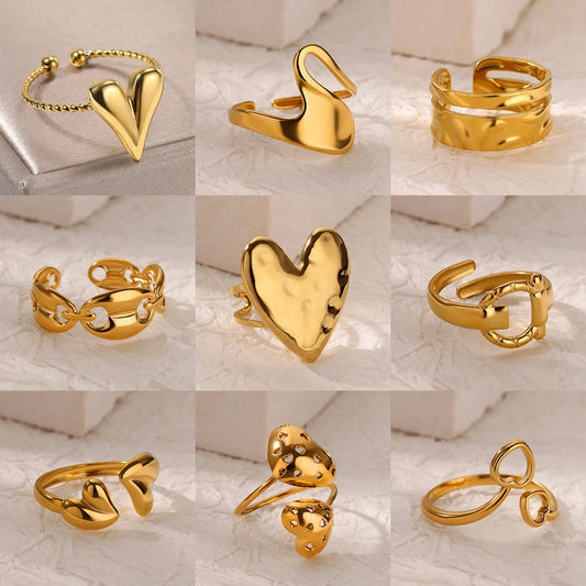 Luckacco Double Heart Rings For Women Gold Color Stainless Steel Open Adjustable Ring Female Fashion Party Wedding Aesthetic Jewelry Gift